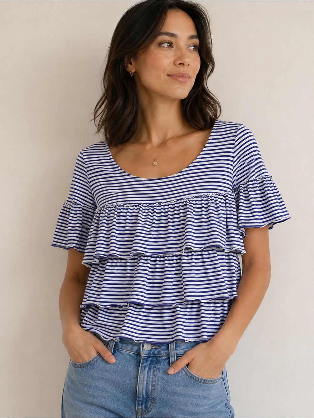 Anthropologie Striped Ruffle Tiered Scoop Neck Top - Blue/White - Large